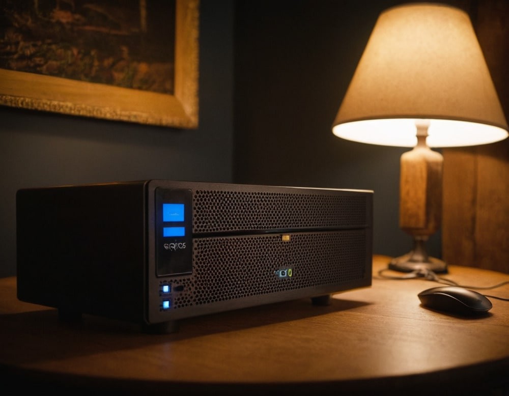 Compact black server unit on a desk with a lamp in the background