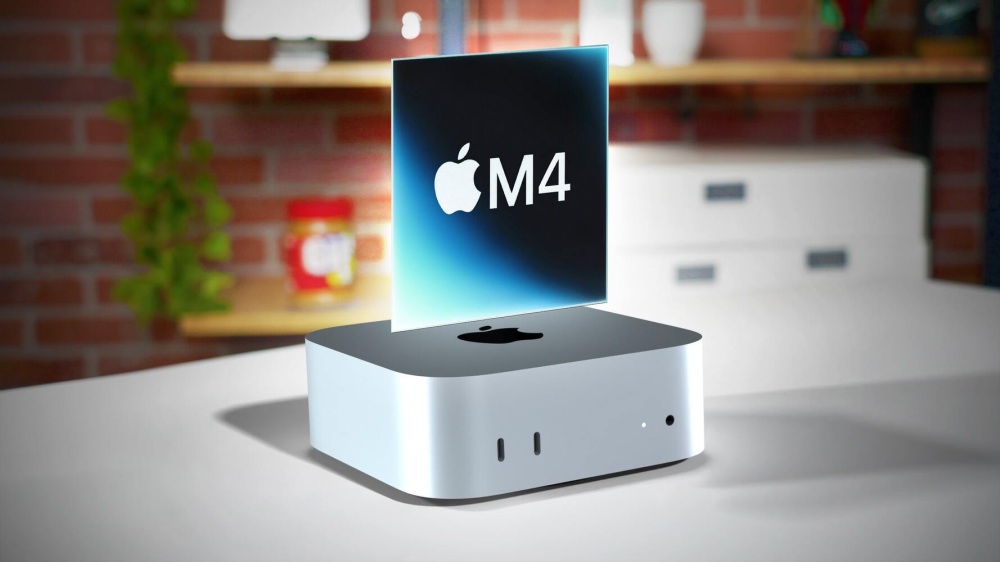 Apple Mac Mini concept featuring a holographic M4 display in a modern workspace setting.