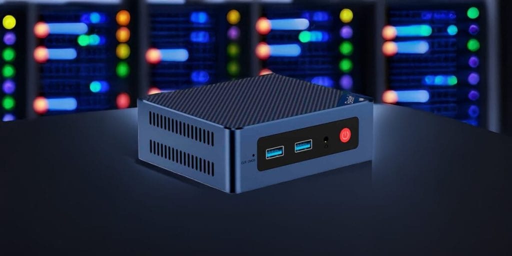 Beelink S12 Pro mini PC computer against a background of servers.