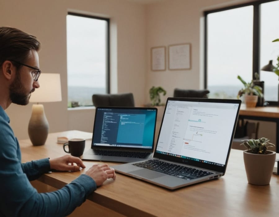 A person in home office creating a virtual machine on a laptop