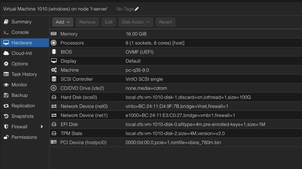 Proxmox virtual machine hardware configuration screen