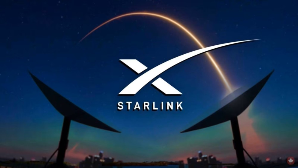 Starlink logo with a SpaceX rocket launching in the background and two satellite dishes in the foreground.