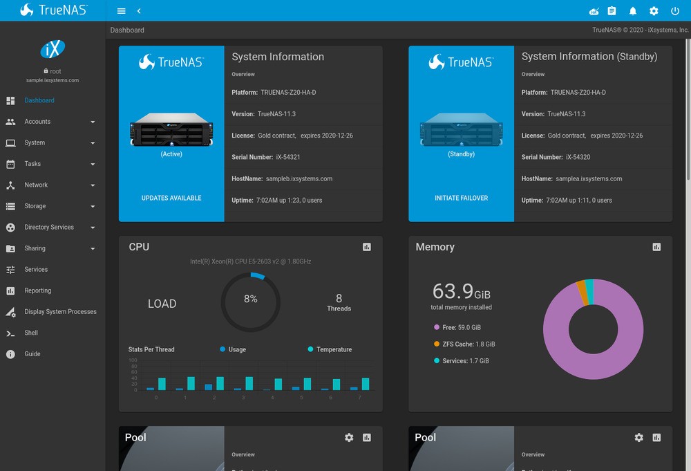 TrueNAS system dashboard showing CPU, memory, and storage details.