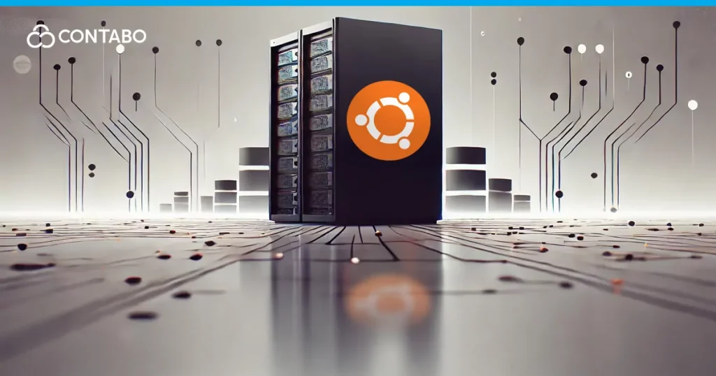 Ubuntu server tower in a futuristic data center with digital circuits and modern design.