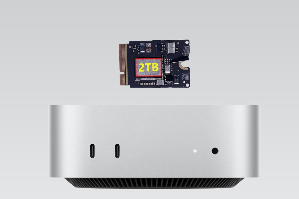 M4 Mac Mini with an installed 2TB SSD module floating above it, showcasing modern technology.