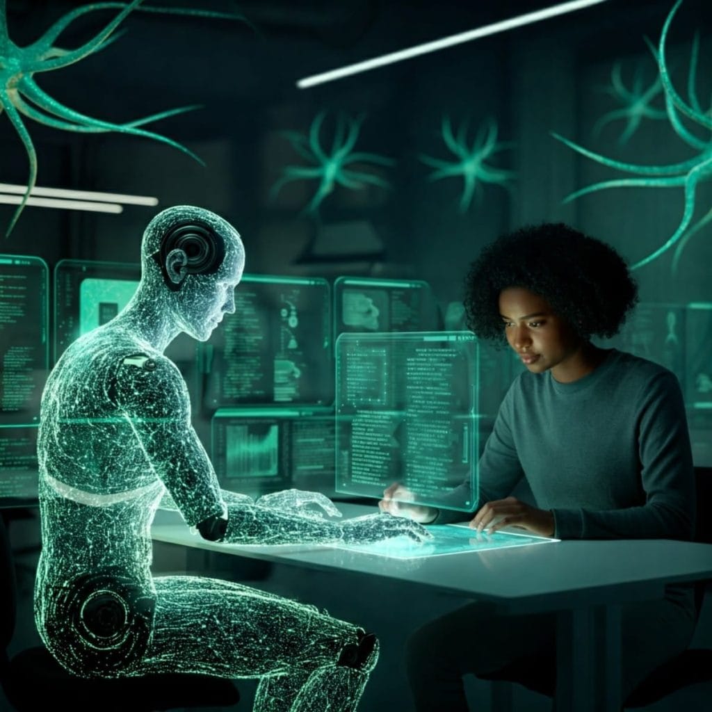 Image of a person and a holographic robot interacting in a high-tech environment.