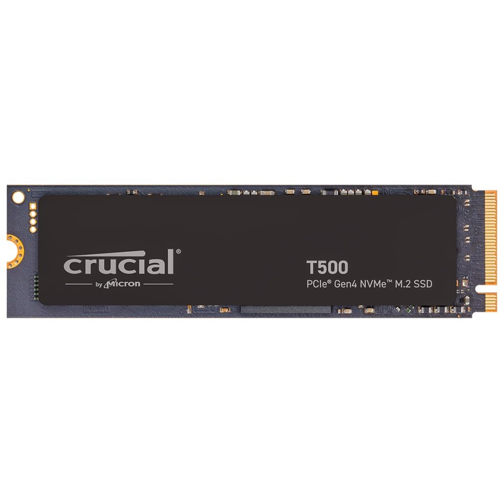 A Crucial T500 PCIe Gen4 NVMe M.2 SSD showcasing advanced storage technology.