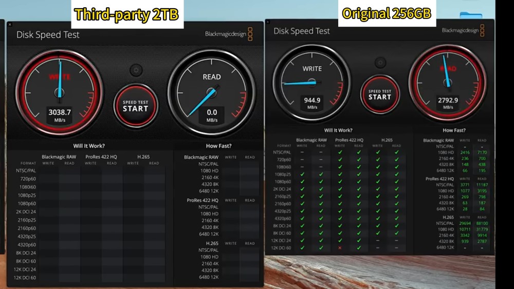 Comparison of disk speed test results for a third-party 2TB SSD and an original 256GB SSD, showing significant differences in read and write speeds.