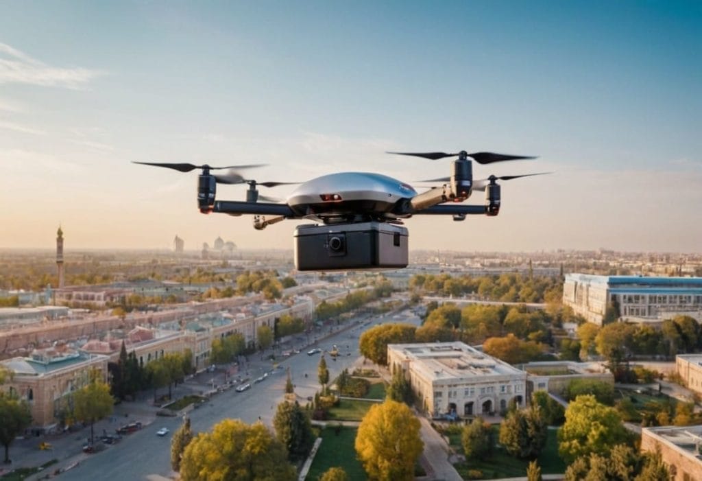 An aerial drone over an urban landscape with green trees and buildings