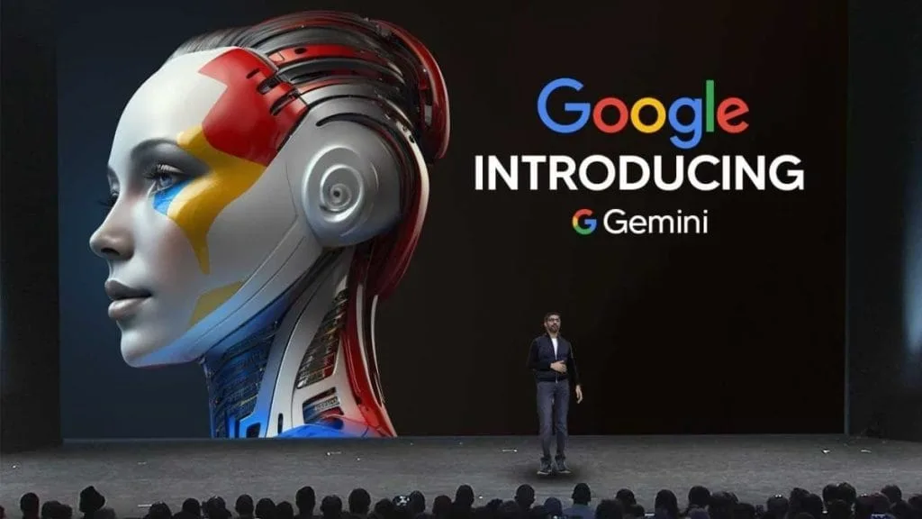 A presentation at a Google conference introducing AI Gemini and its robot-like assistant