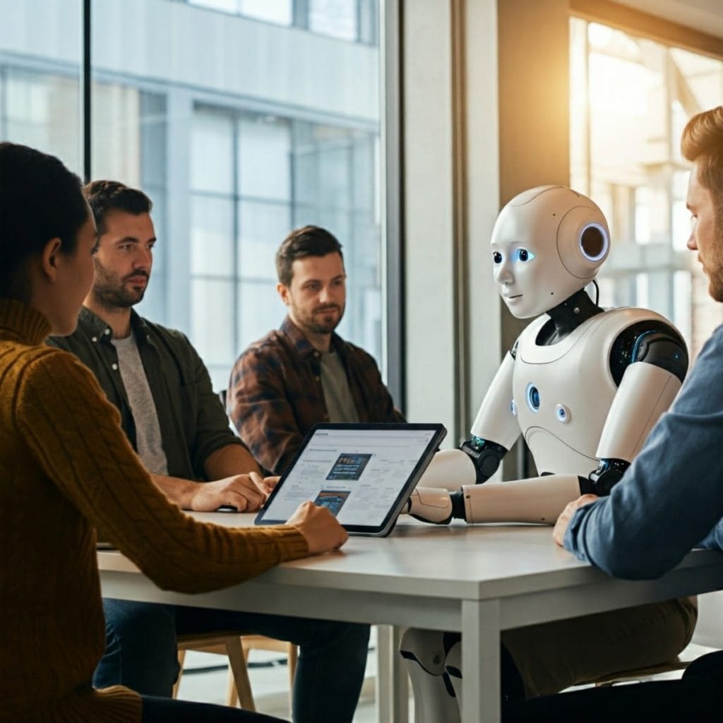 Image of a team collaborating on a project with a robot assistant in a modern office space.