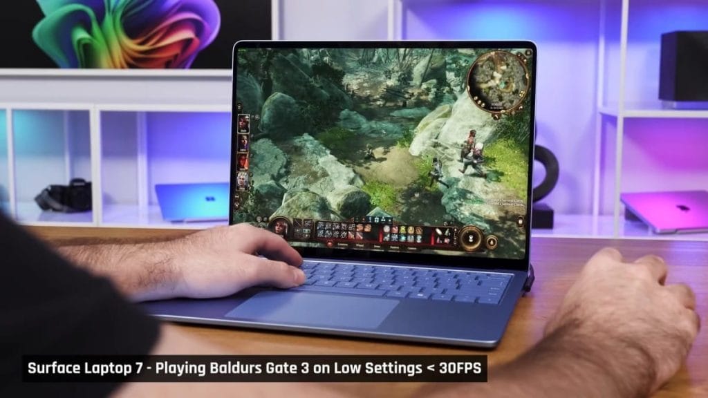 Gameplay of Baldur's Gate 3 on a Surface Laptop 7 with low settings.