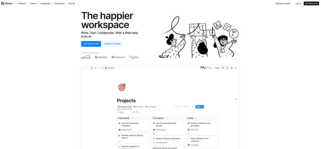 A Kanban board in Notion for managing projects and tasks with collaboration features.