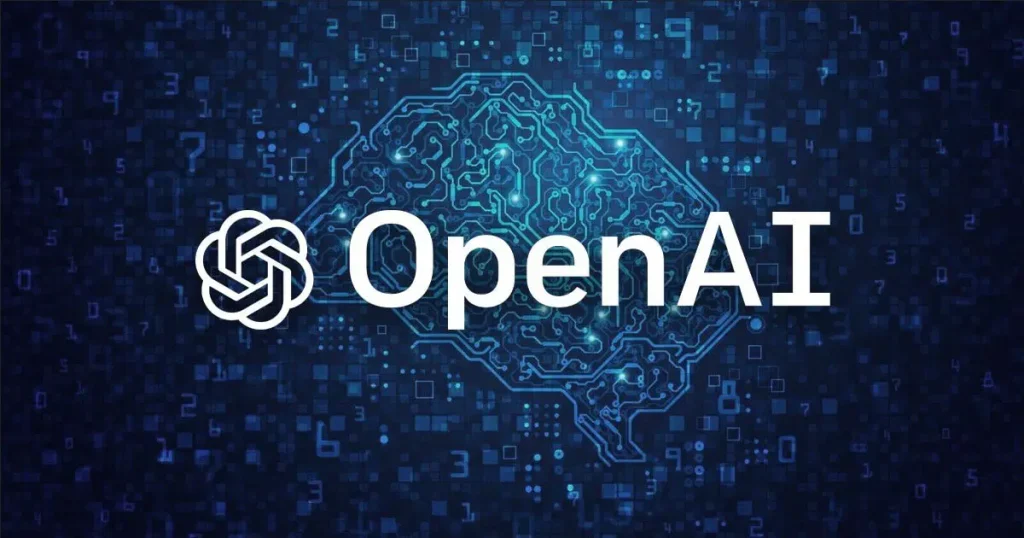 OpenAI logo with a digital background and brain activity elements