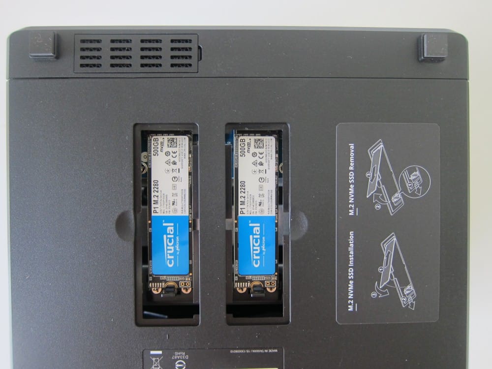 M.2 NVMe SSDs installed in Synology NAS, showcasing storage upgrade options