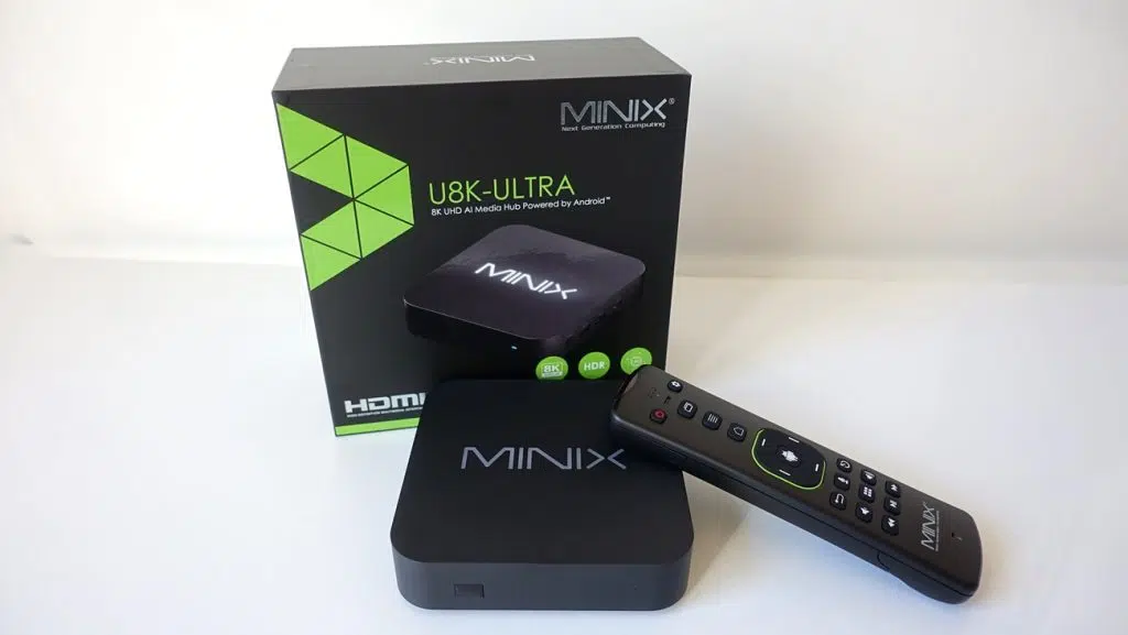 MINIX U8K-ULTRA device with a remote control, perfect for streaming 8K content