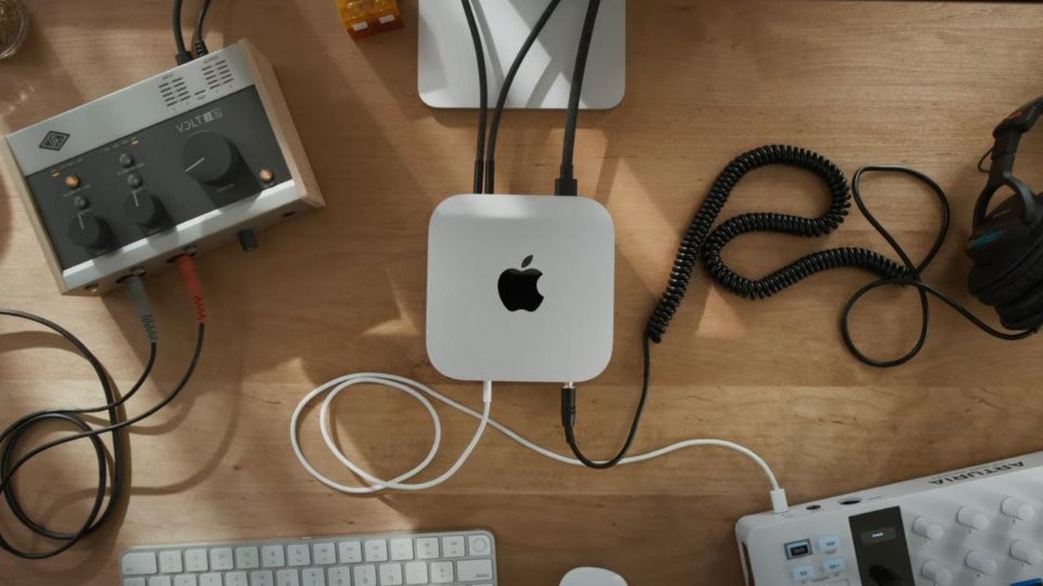 A desktop setup featuring an Apple M4 Mac Mini, an audio interface, a keyboard, and headphones, showcasing a modern workspace for audio production.