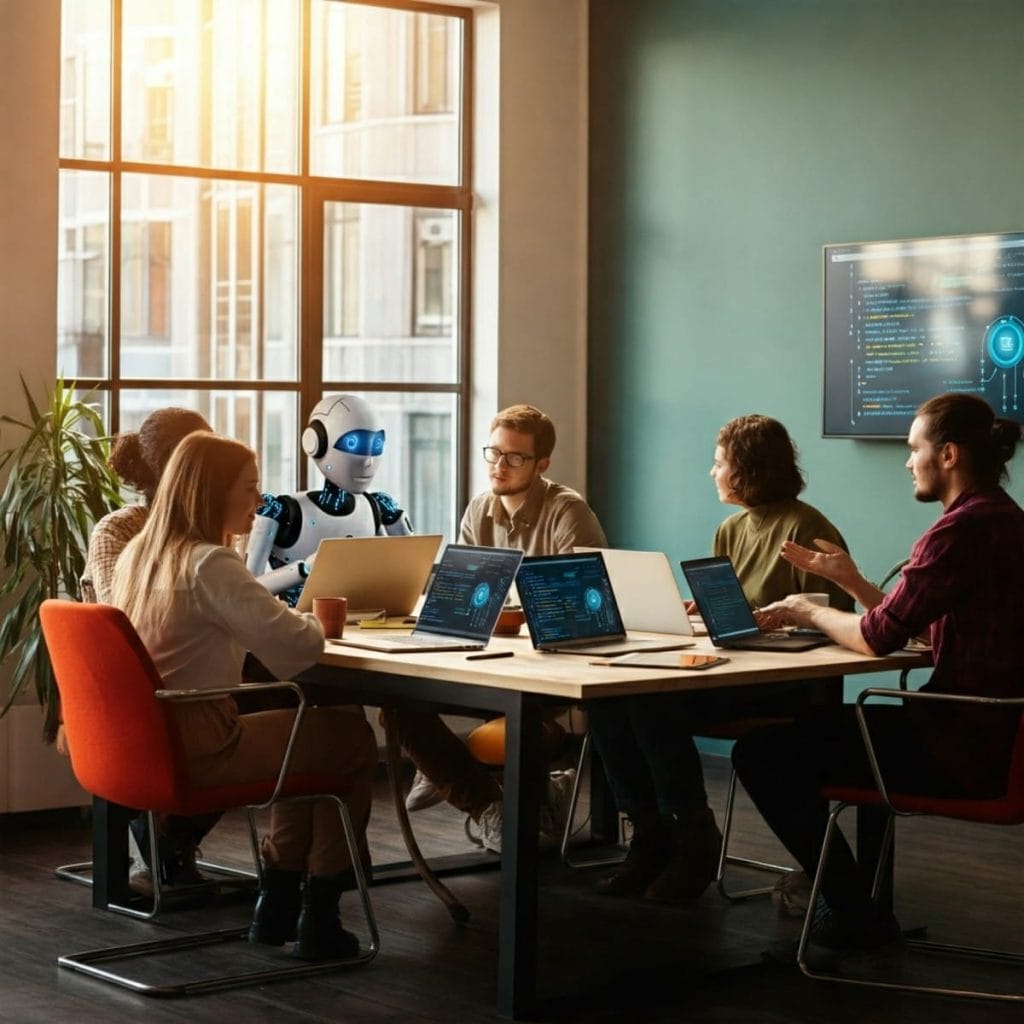 Image of a team meeting with a robot assistant providing technological support.