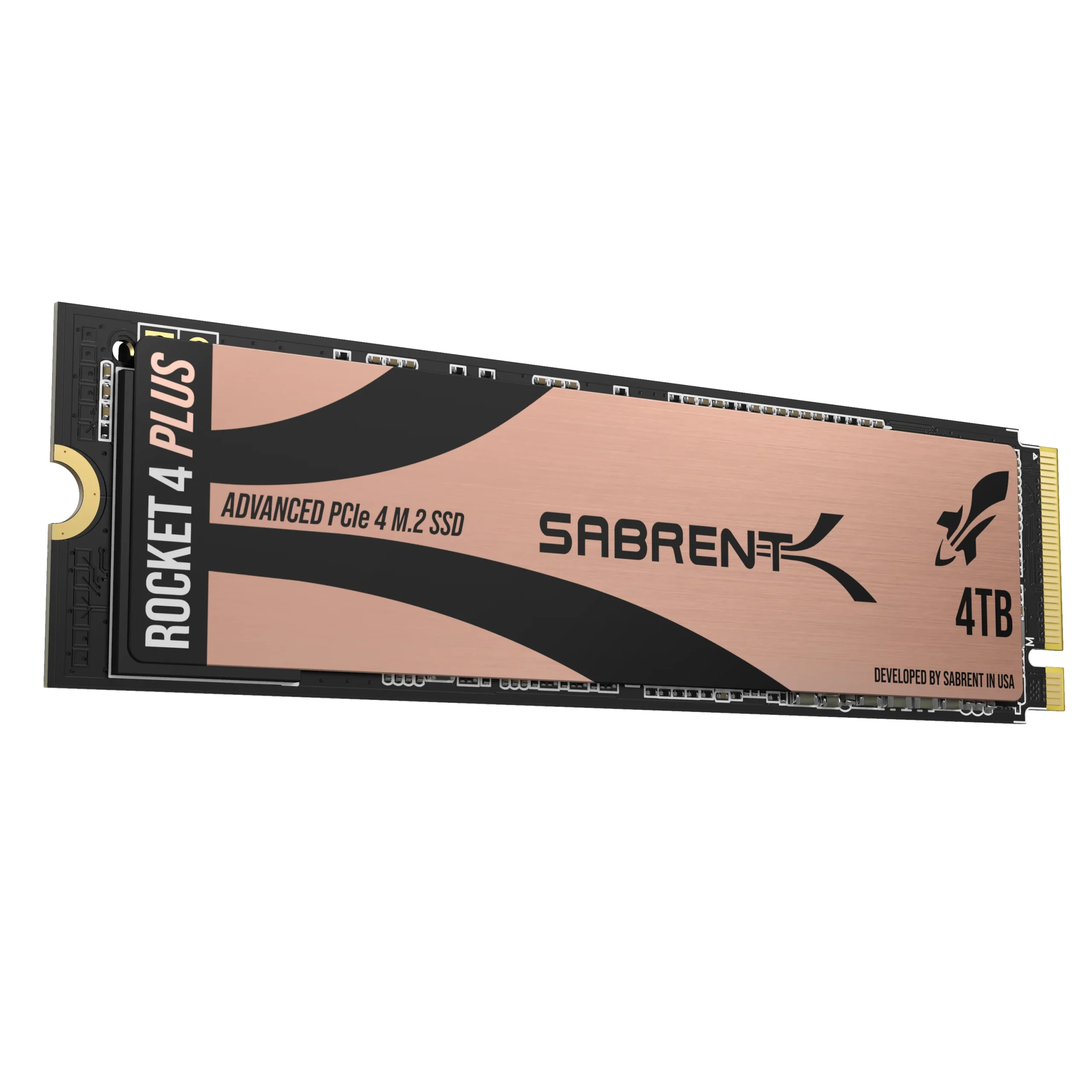 A Sabrent Rocket 4 Plus 4TB M.2 SSD showcasing its sleek design and advanced PCIe 4 technology.