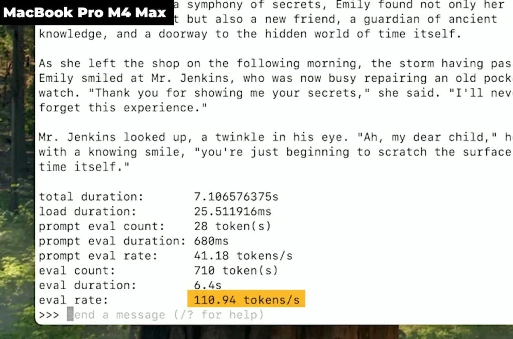 Image of a MacBook Pro M4 Max screen with text and token data