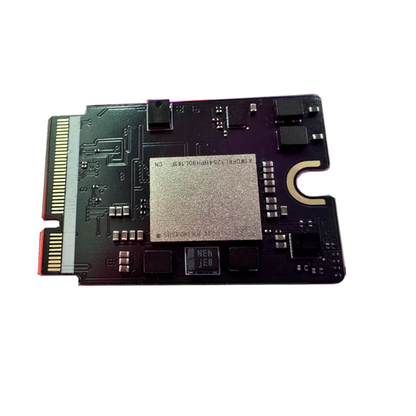 A close-up view of a solid-state drive (SSD) circuit board showing electronic components and connectors