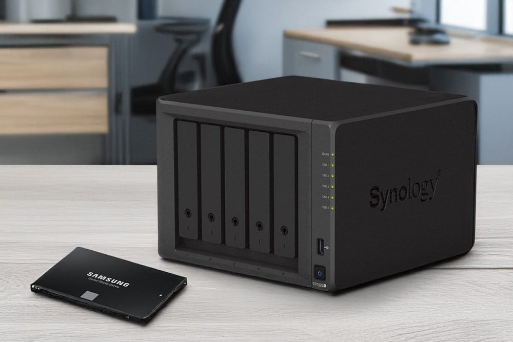 Synology NAS device with a Samsung SATA SSD on a desk, ready for installation.