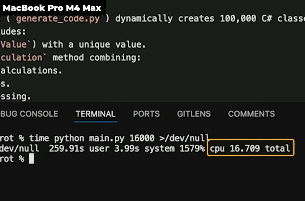 Image of the terminal on a MacBook Pro M4 Max with the results of running a Python script to create C# classes.