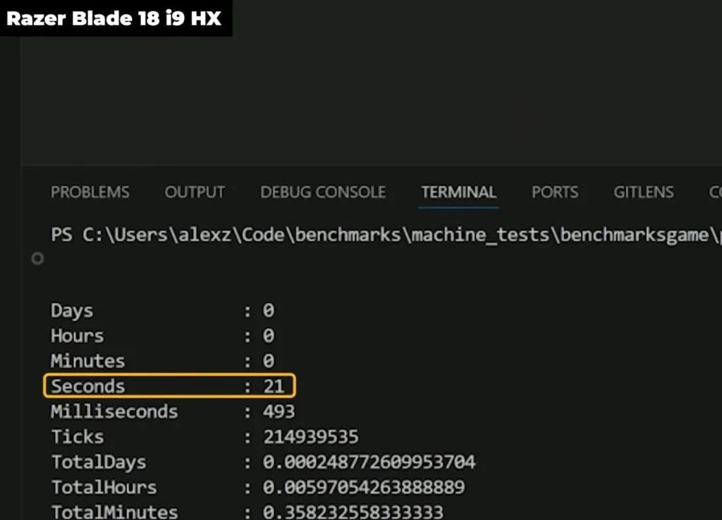 Terminal output showing the execution time of a benchmark on a Razer Blade 18 i9 HX.