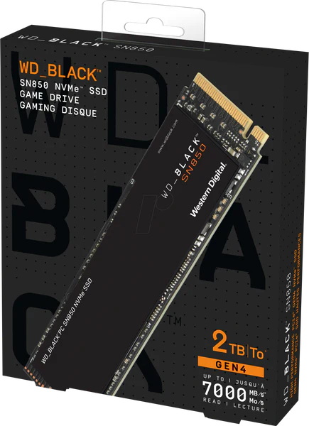 A WD_BLACK SN850 NVMe SSD showcasing its sleek design and packaging, ideal for gaming storage.