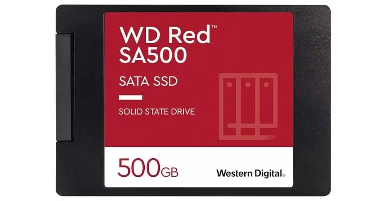 A WD Red SA500 SATA SSD, featuring a 500GB storage capacity, designed for optimal performance in Synology NAS systems.