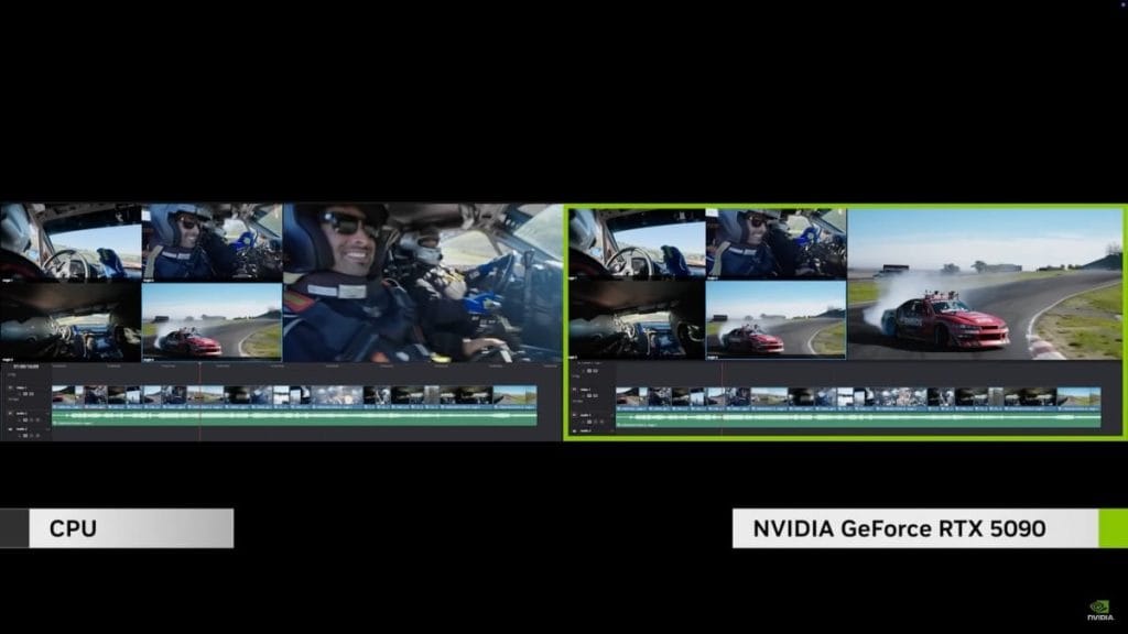 A split screen comparing video editing: slow rendering on the CPU (left) and smooth playback on the NVIDIA RTX 5090 (right).