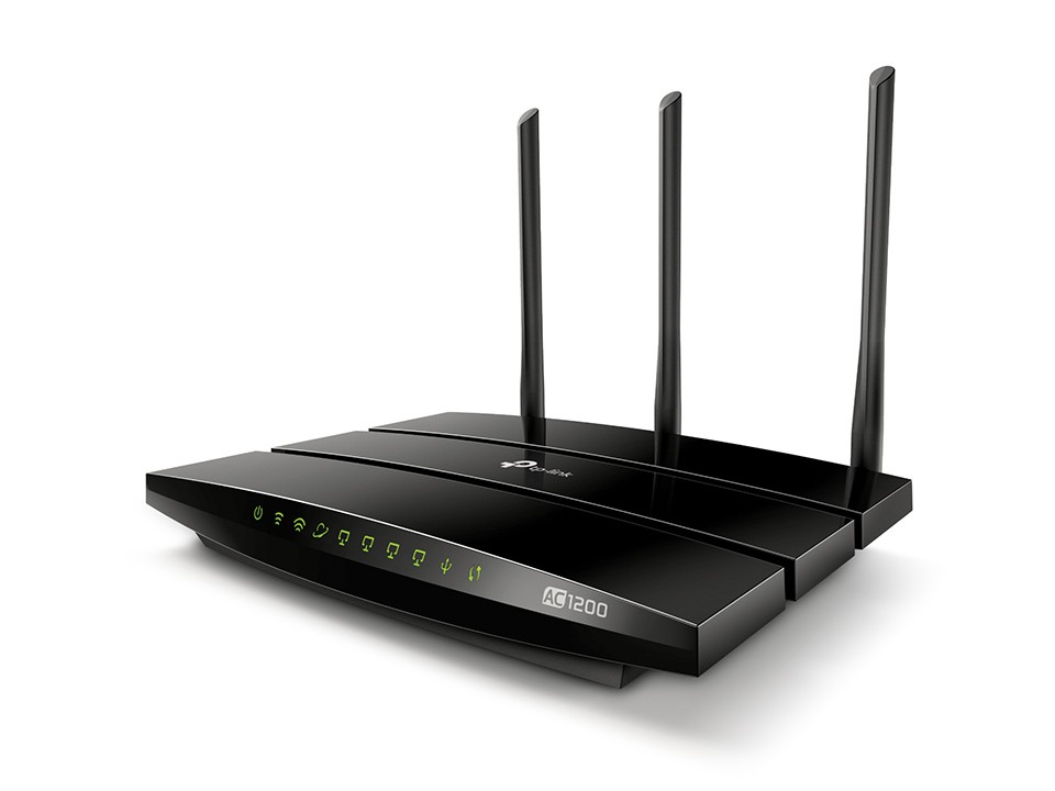 A modern AC1200 wireless router with three antennas, designed for high-speed internet connectivity.