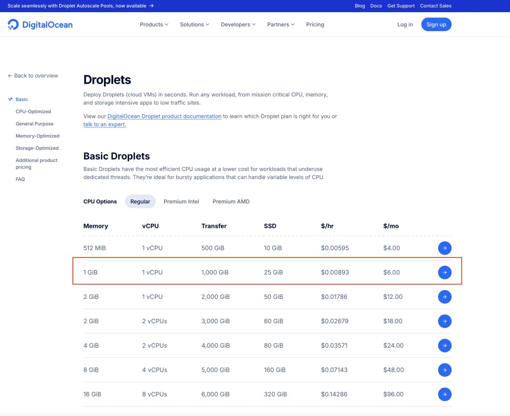 DigitalOcean Droplets pricing table showcasing virtual machine options with various memory, CPU, and storage configurations.