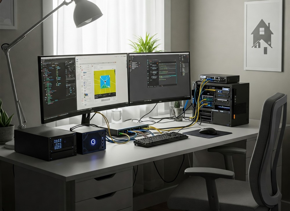 A modern workspace featuring dual monitors set up for coding and development, showcasing a powerful desktop computer and organized cable management.