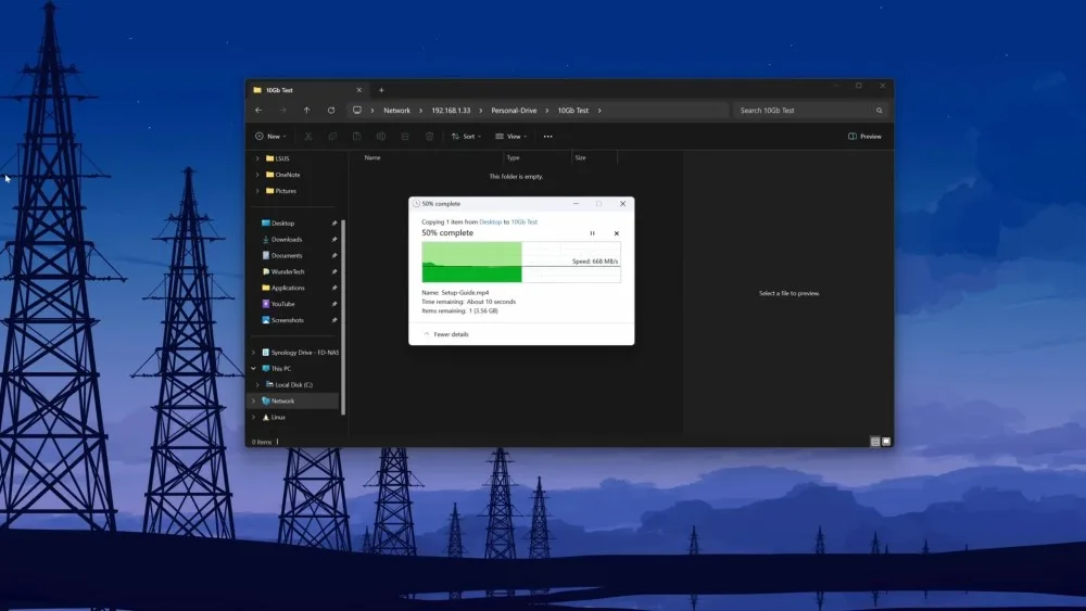 A computer screen displaying file transfer progress in UniFi UNAS Pro, featuring a network file copy operation with high transfer speeds.