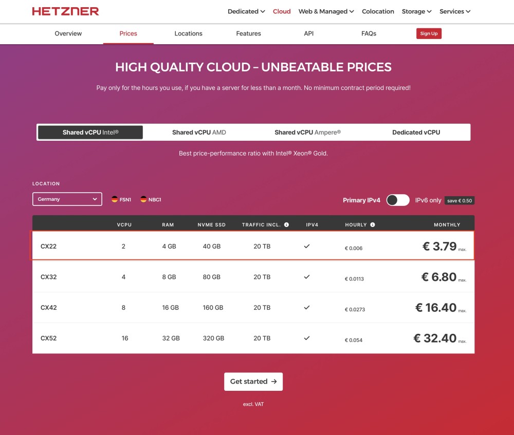 Hetzner Cloud pricing page showcasing competitive prices for cloud servers