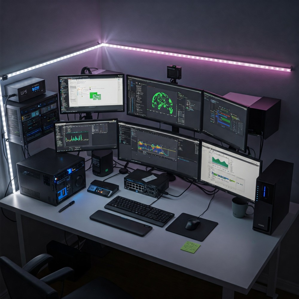 A modern workspace featuring multiple monitors, computer systems, and ambient LED lighting for tech enthusiasts.