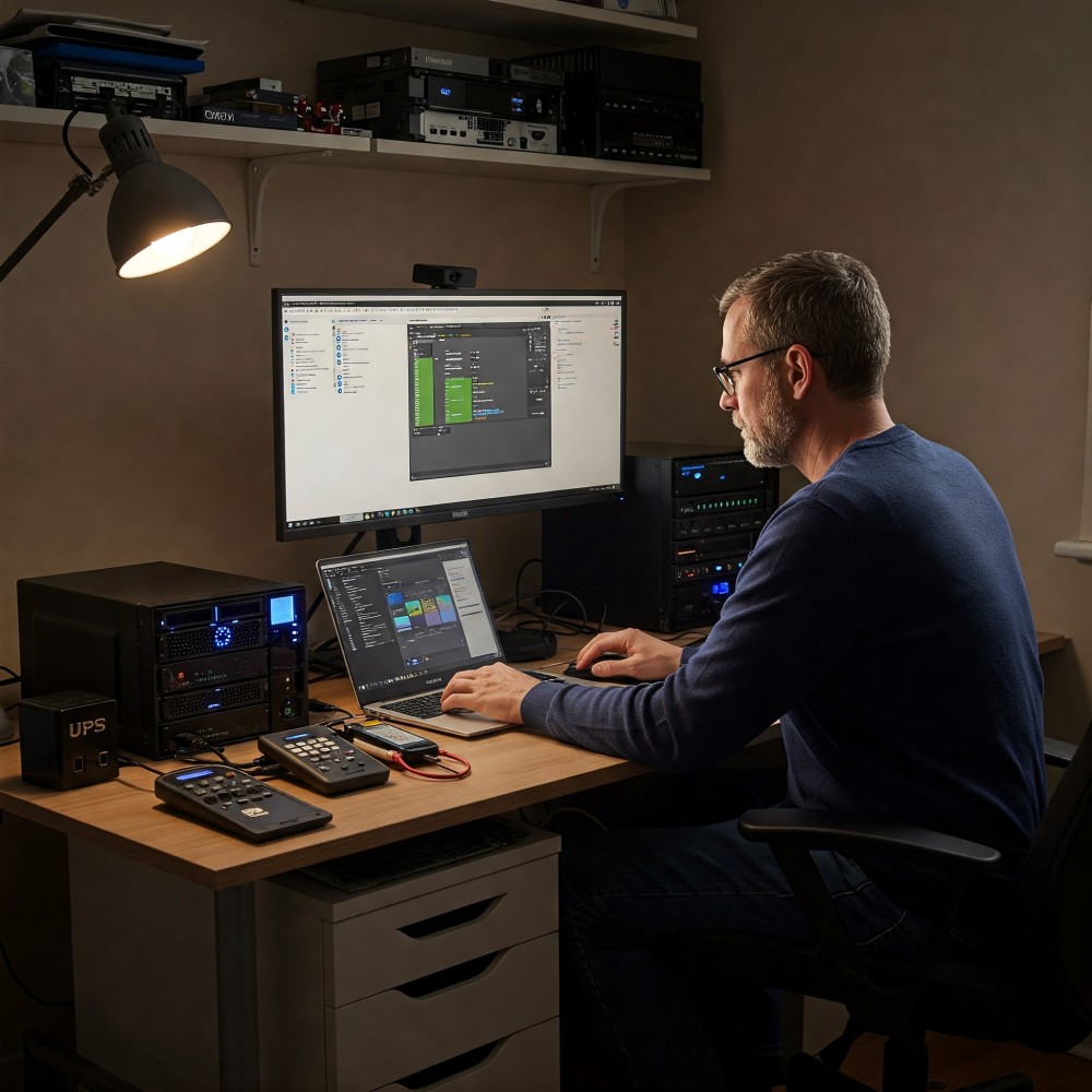 A person working at a desk with a laptop and monitor setup, surrounded by audio and video equipment.