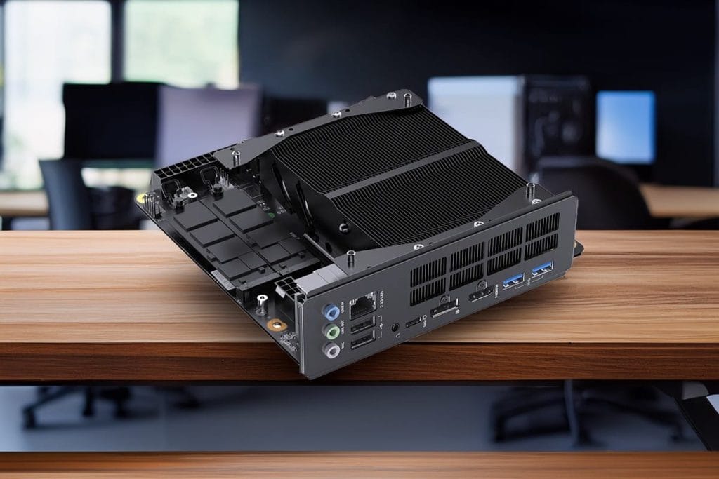 Compact Minisforum BD795M PC with a heatsink and ports, suitable for gamers and professionals.