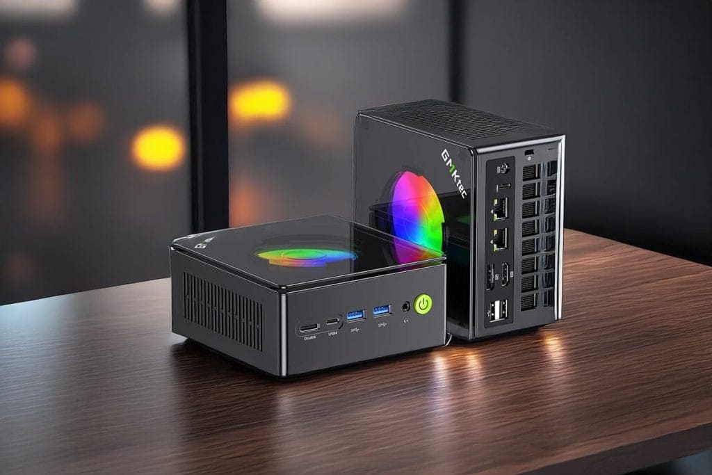 GMKtec K11 computers with RGB lighting and various USB ports.