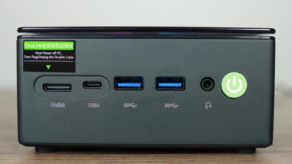 The GMKtec K11 mini-PC with front-panel OcuLink and USB4 ports.