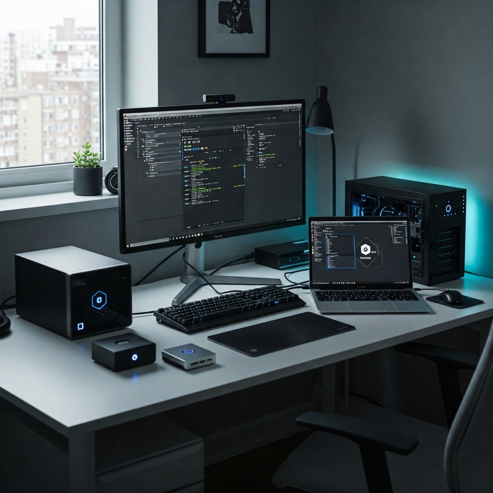 A modern home office setup featuring a large monitor, laptop, and sleek desktop computer with ambient lighting.