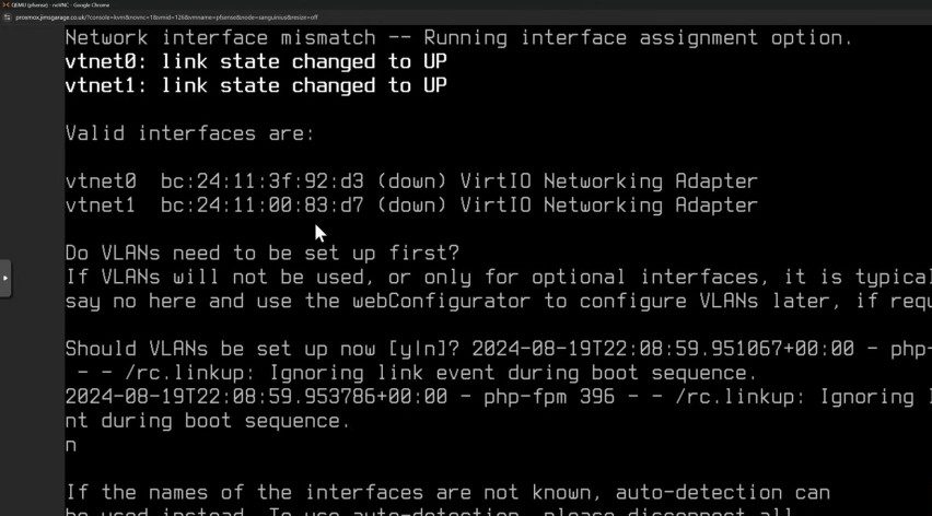 Configuration screen showing network interface assignment options for a VirtIO Networking Adapter, with VLAN setup prompts.