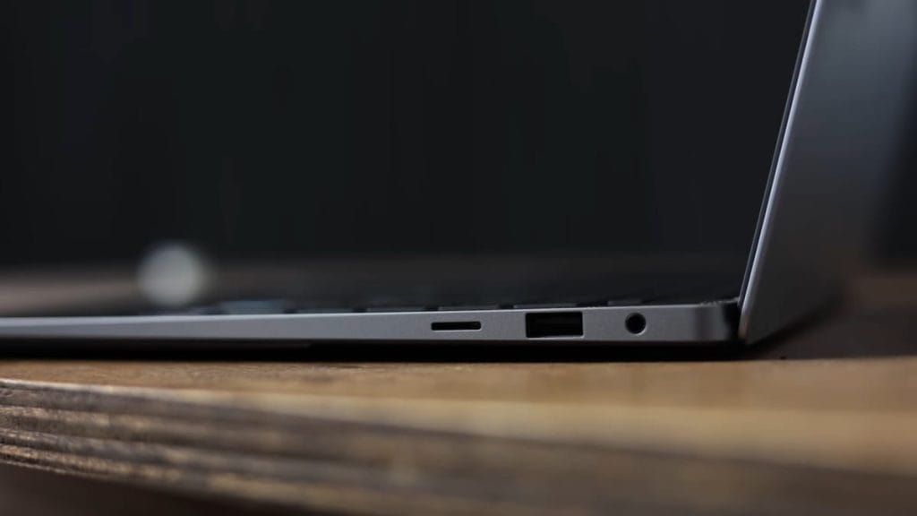 An image of the Samsung Galaxy Book 5 Pro laptop with a range of ports, including USB and an audio jack.