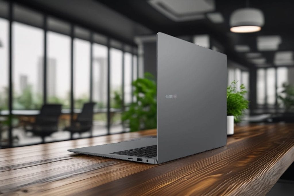 A modern Samsung Galaxy Book 5 Pro laptop on a wooden desk in an office.