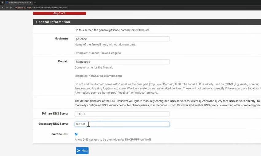 A pfSense setup screen displaying general information such as hostname and DNS server settings.