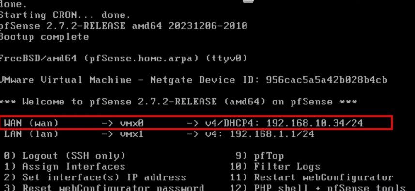 A screenshot of the pfSense interface displaying WAN and LAN configurations with DHCP settings.