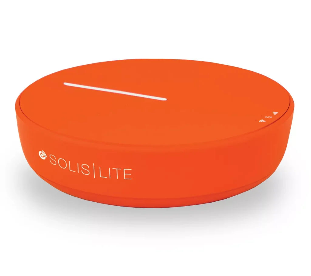 Solis Lite portable Wi-Fi device in bright orange color, ideal for travel and outdoor use.