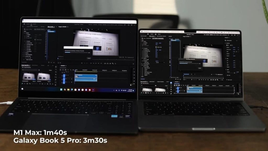 Two laptops, M1 Max and Galaxy Book 5 Pro, comparing rendering time in Adobe Premiere Pro.