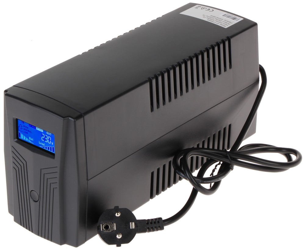 A black uninterruptible power supply (UPS) with an LCD display showing voltage and load information, suitable for electronic devices.